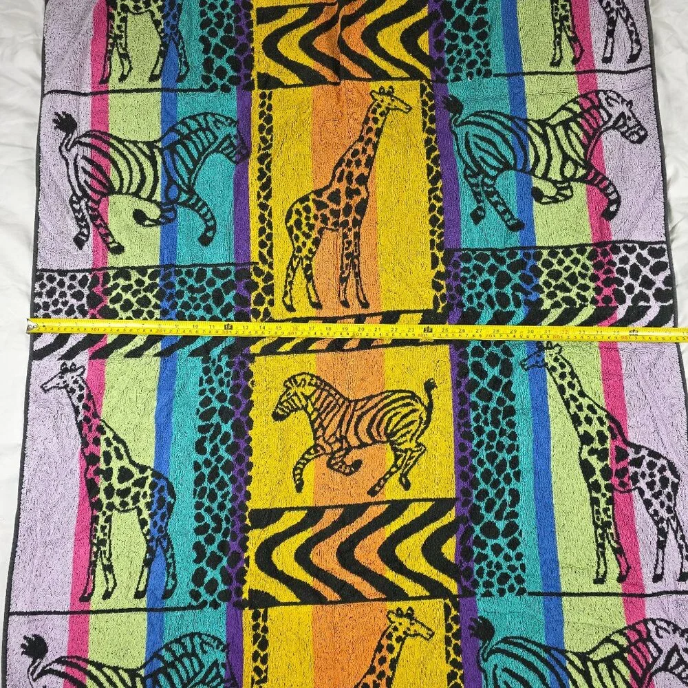 Vintage Summer Stock Cotton Beach Towel Giraffe Zebra Print Multi Color
